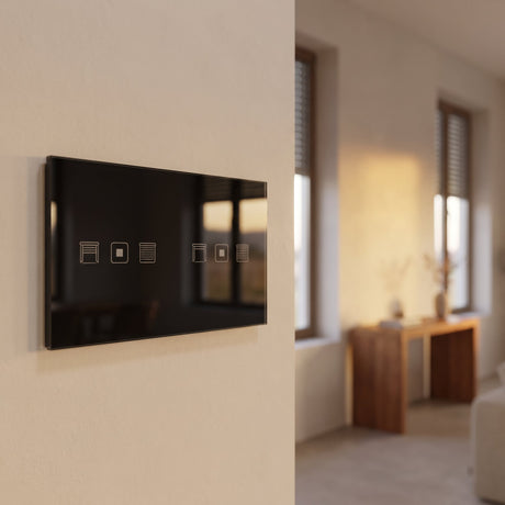 Double roller shutter smart curtain switch installed on a modern wall