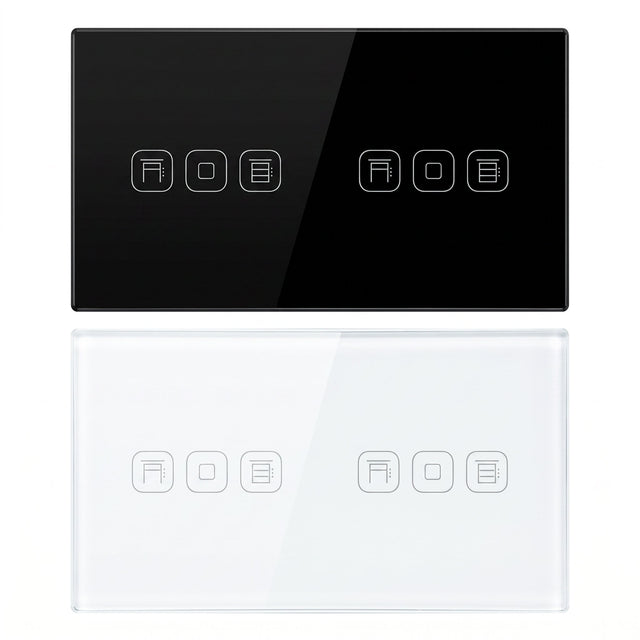 Double roller shutter smart curtain switch in black and white glass panel - Bab Al Saif Kuwait
