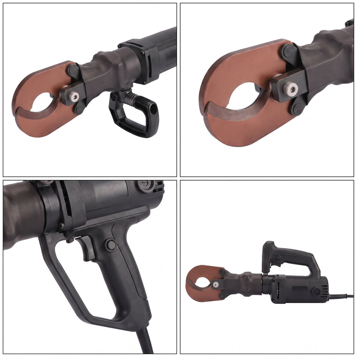 Cable cutting tool detail views - cutting head, blade jaw, grip and trigger, motor housing