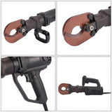Cable cutting tool detail views - cutting head, blade jaw, grip and trigger, motor housing