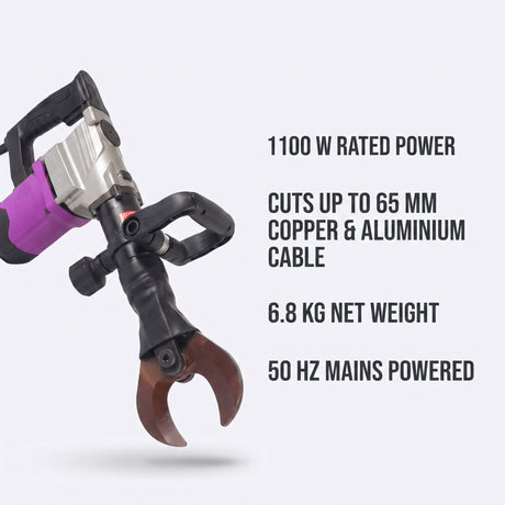 Cable cutter features - 1100W rated power, cuts up to 65mm, copper and aluminium cable, 6.8kg