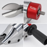 Close-up details of the metal cutter attachment - shear blades, anodised collar and hex shank, aluminium body, side handle