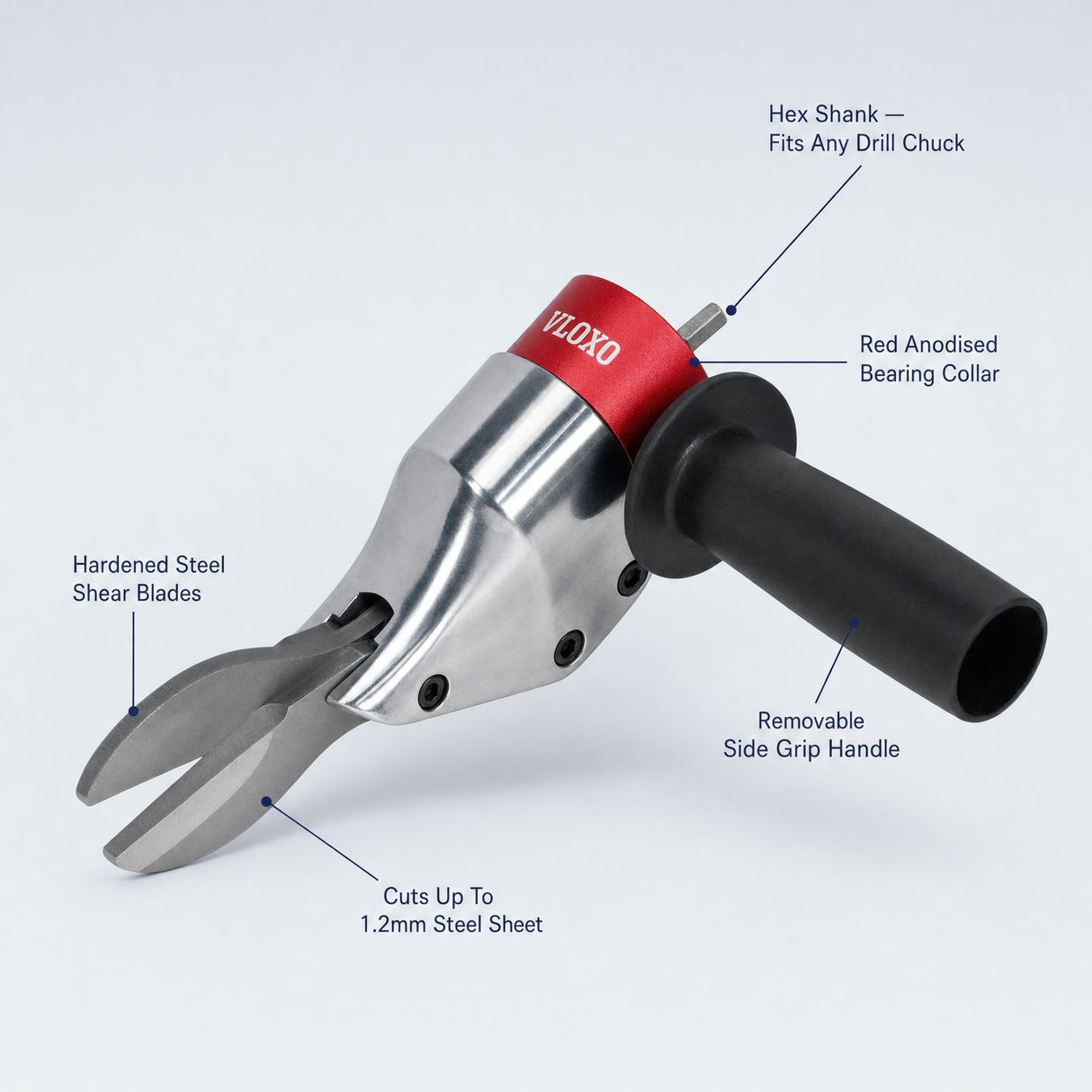 Metal cutter attachment features - hardened steel blades, hex shank, bearing collar, side handle, cuts 1.2mm steel