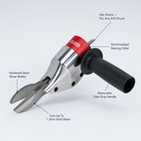 Metal cutter attachment features - hardened steel blades, hex shank, bearing collar, side handle, cuts 1.2mm steel