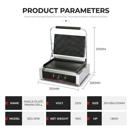 Electric Panini Grill Single Plate Full Flat 220V - BAS Kuwait Bab Al Saif 
