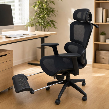 Black mesh office chair at a desk with the footrest extended forward on its chrome tube frame