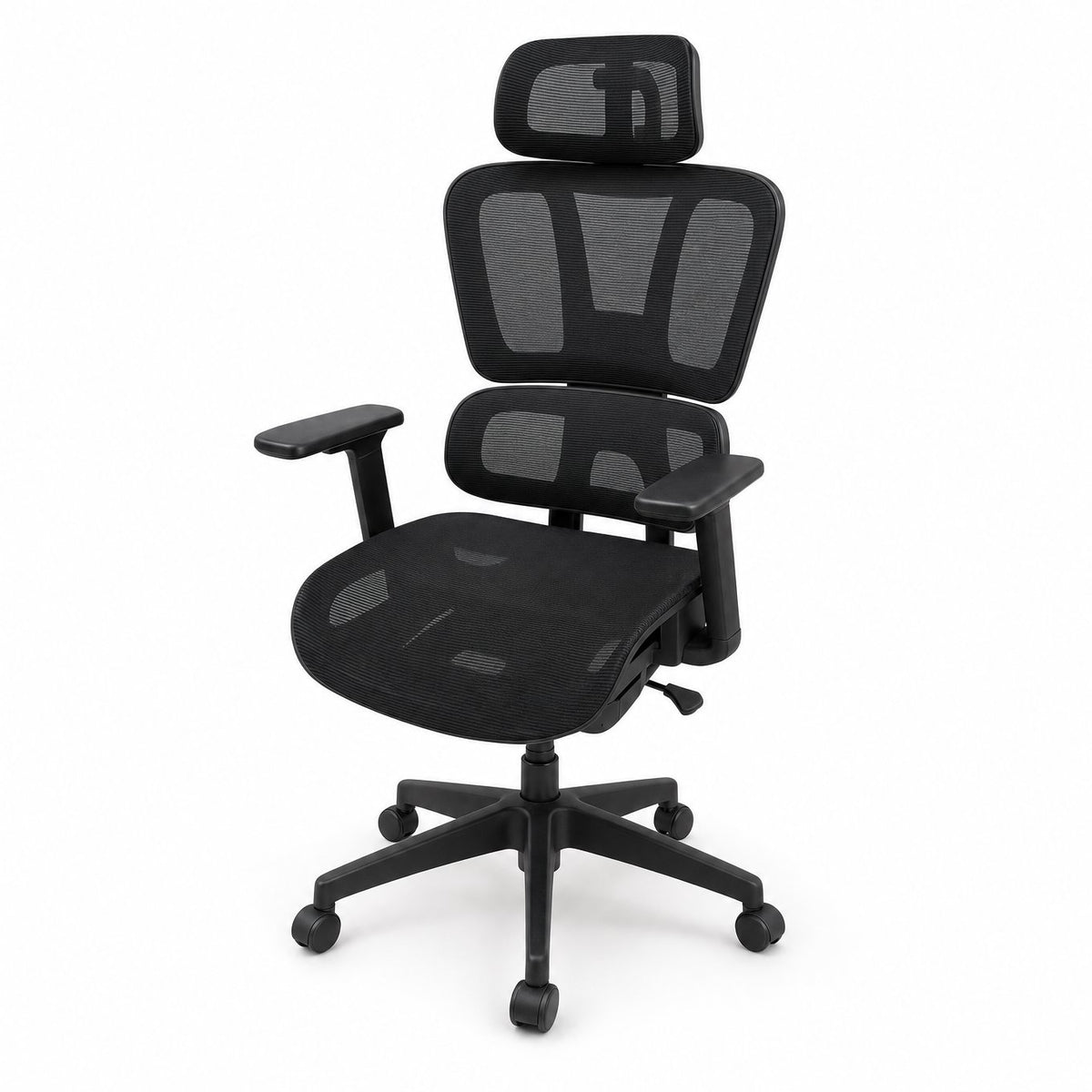 Black ergonomic mesh office chair with pivoting headrest, two-section mesh back, padded armrests and five-star base - BAS Kuwait