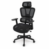 Black ergonomic mesh office chair with pivoting headrest, two-section mesh back, padded armrests and five-star base - BAS Kuwait