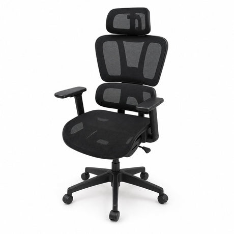 Black ergonomic mesh office chair with pivoting headrest, two-section mesh back, padded armrests and five-star base - BAS Kuwait