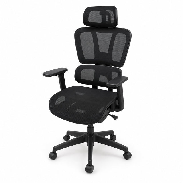 Black ergonomic mesh office chair with pivoting headrest, two-section mesh back, padded armrests and five-star base - BAS Kuwait