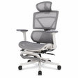 Grey ergonomic mesh office chair with 3D headrest, 4D armrests, white five-star base and retractable footrest - BAS Kuwait
