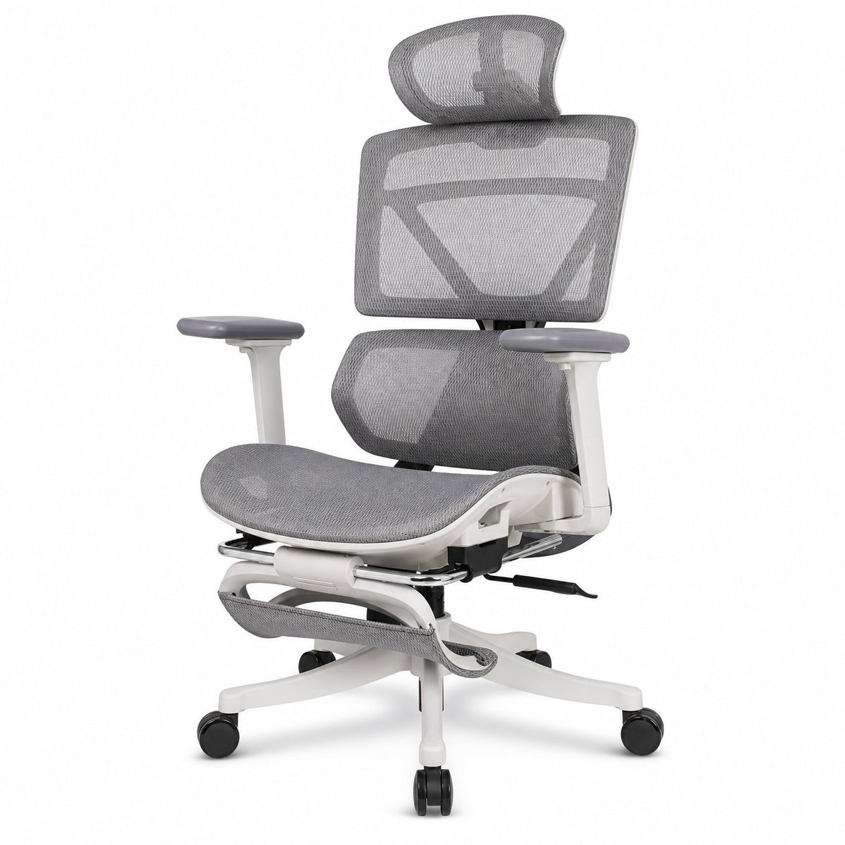 Grey ergonomic mesh office chair with 3D headrest, 4D armrests, white five-star base and retractable footrest - BAS Kuwait