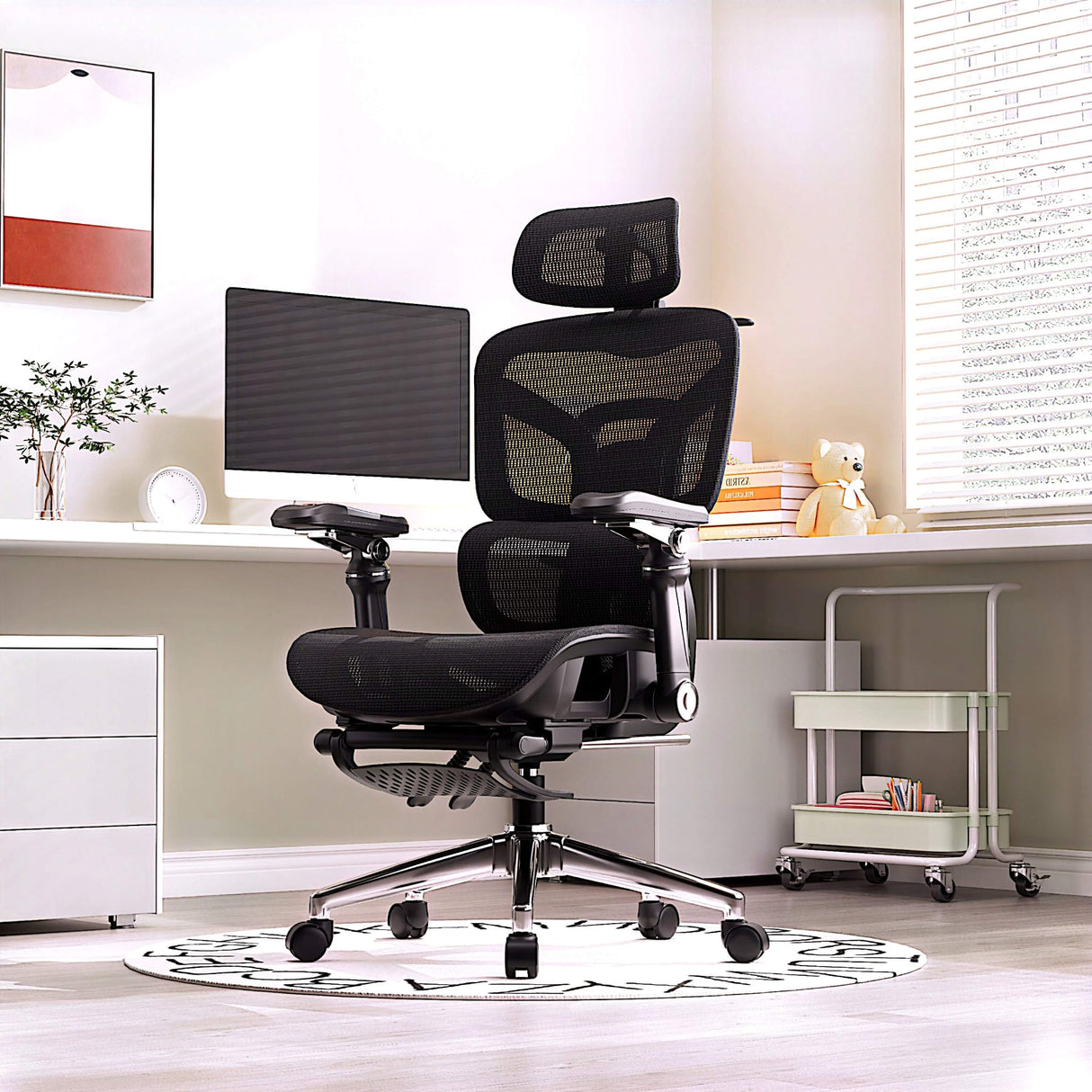 Ergonomic Office Chair with Footrest | Full Mesh, Lumbar Support, Reclining - BAS Kuwait Bab Al Saif 