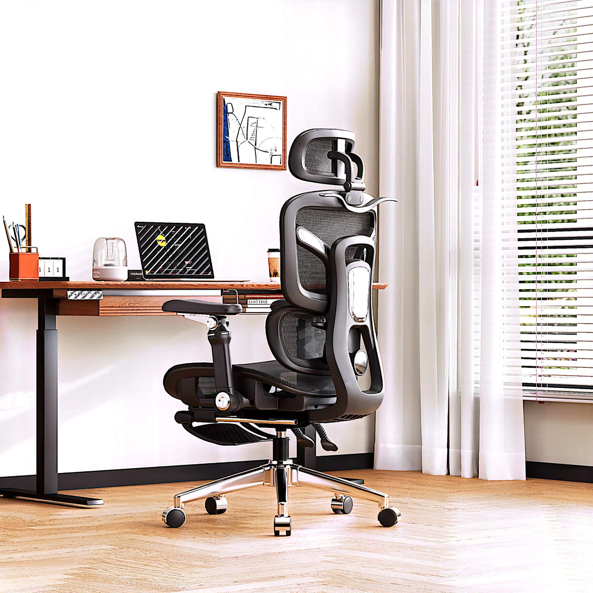 Ergonomic Office Chair with Footrest | Full Mesh, Lumbar Support, Reclining - BAS Kuwait Bab Al Saif 