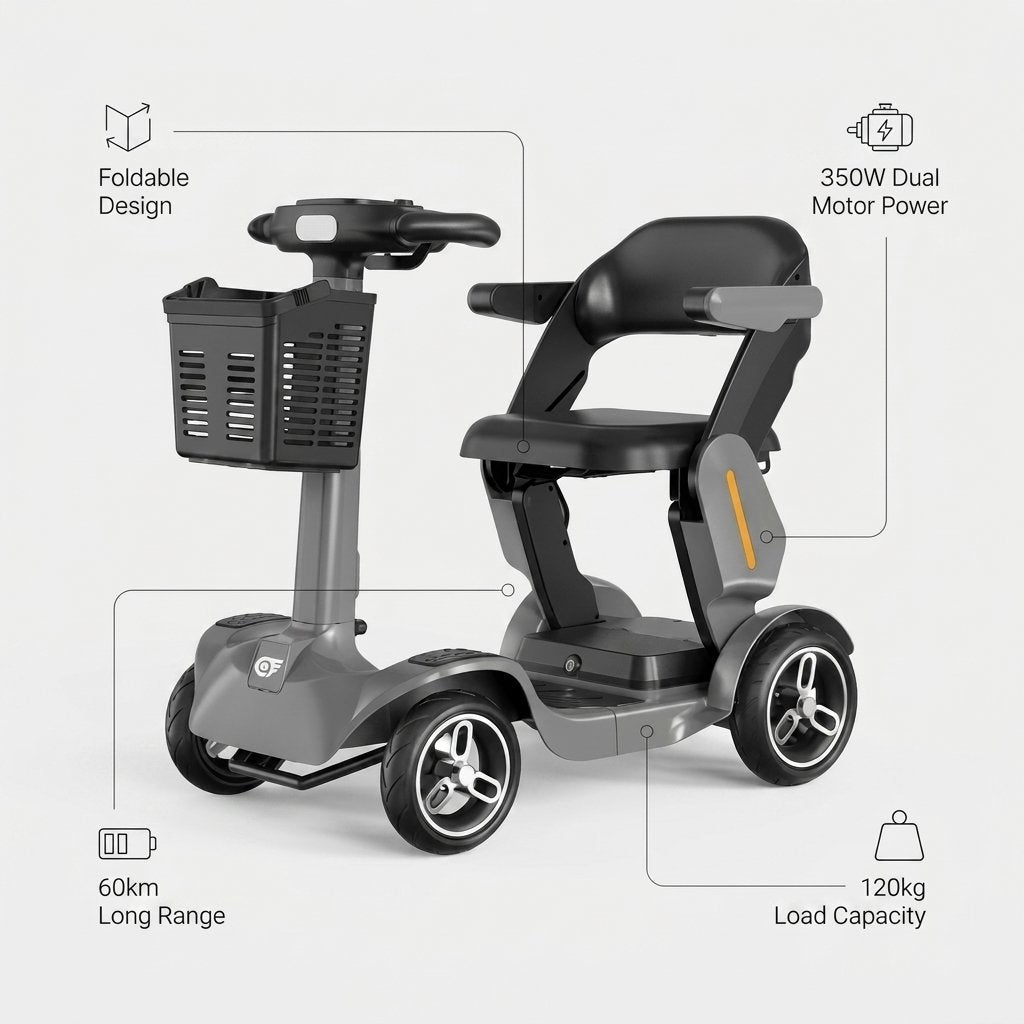 Foldable 4-Wheel Electric Mobility Chair Scooter Foldable – 350W Detachable Seat 60km Range Digital Screen - BAS Kuwait Bab Al Saif 