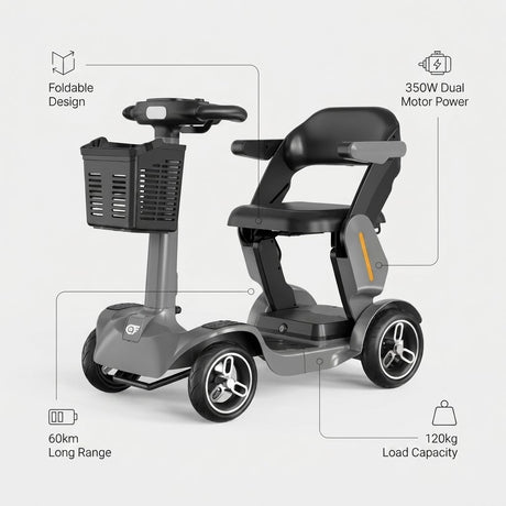 Foldable 4-Wheel Electric Mobility Chair Scooter Foldable – 350W Detachable Seat 60km Range Digital Screen - BAS Kuwait Bab Al Saif 
