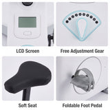 Feature grid showing the LCD screen, resistance dial, cushioned seat and foldable foot pedal