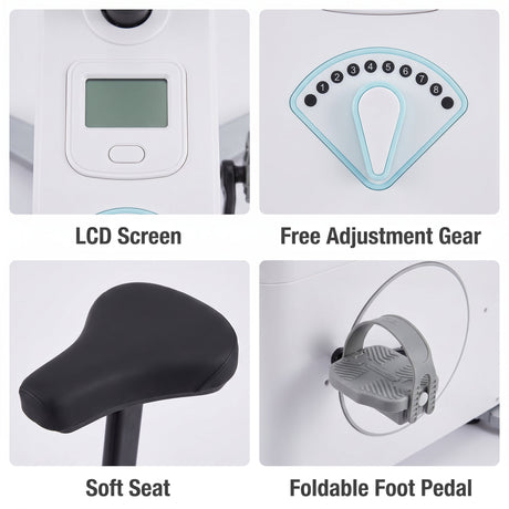 Feature grid showing the LCD screen, resistance dial, cushioned seat and foldable foot pedal