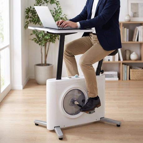 Person pedalling the exercise bike while working on a laptop resting on its built-in desk in a home office