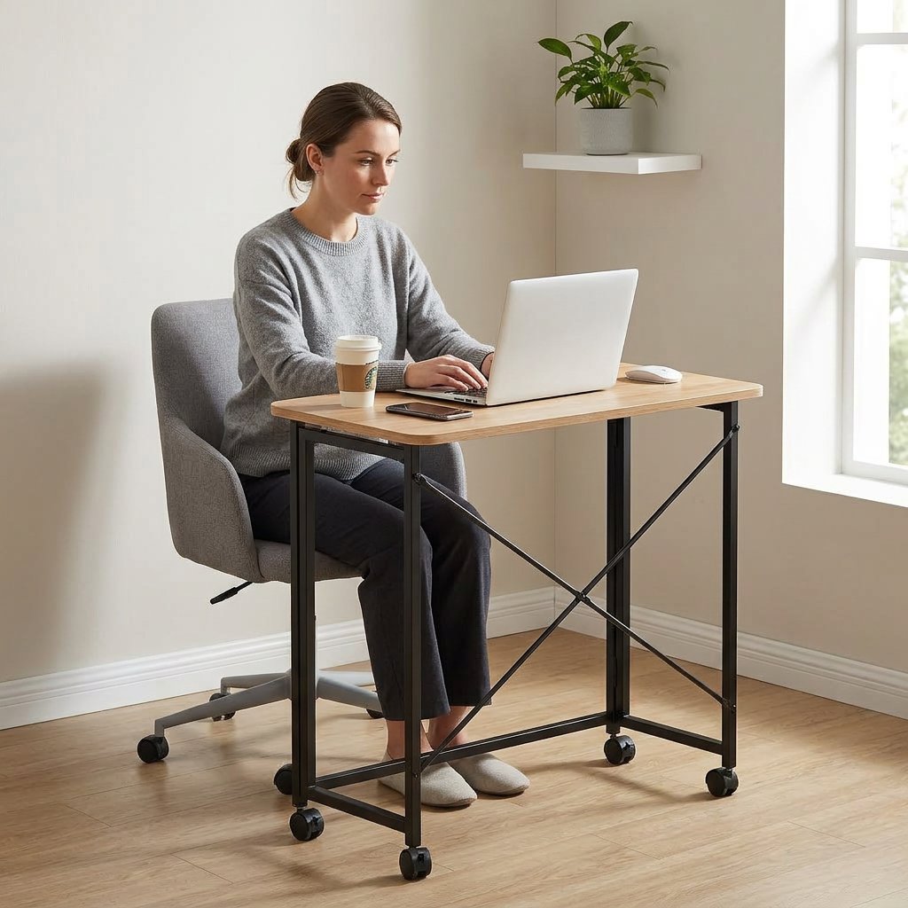 Folding Movable writing desk table with wheels | space saving table desk - BAS Kuwait Bab Al Saif 