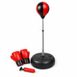 Free standing punching ball set in red and black PU with telescopic stand, boxing gloves and hand pump on white background