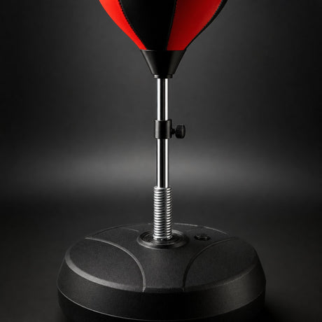 Close up of punching ball spring mount, height adjustment knob and weighted base with filler cap