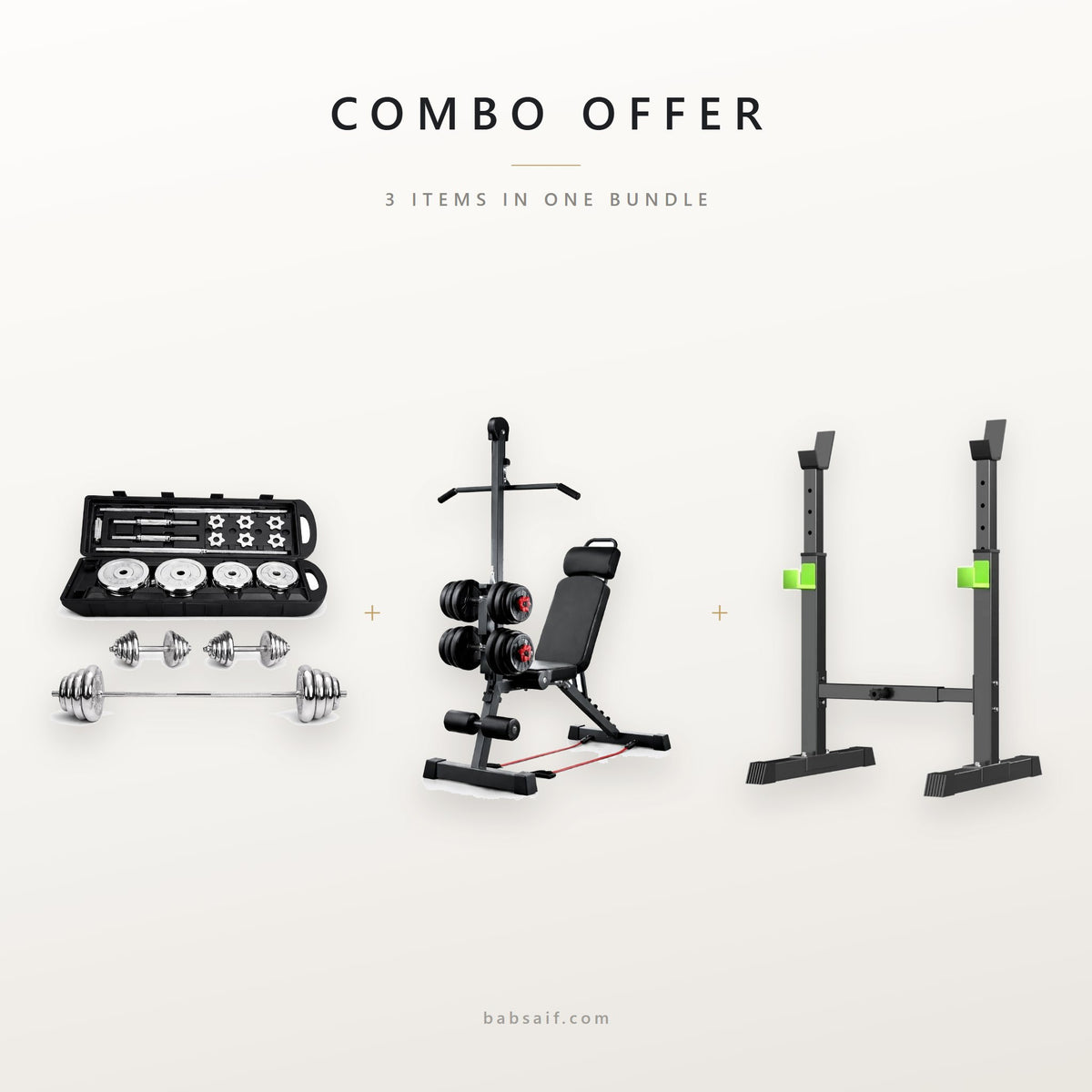 Combo offer: 50kg dumbbell set, gym bench with bar and squat rack