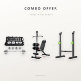 Combo offer: 50kg dumbbell set, gym bench with bar and squat rack