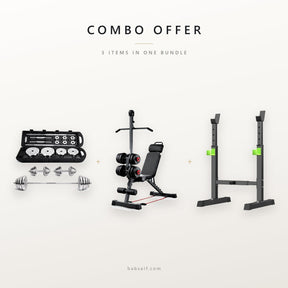 Combo offer: 50kg dumbbell set, gym bench with bar and squat rack