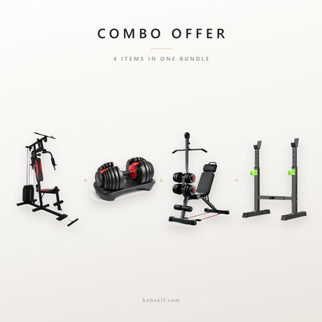Combo offer: multifunctional gym station, 24kg adjustable set, bench with bar and squat rack