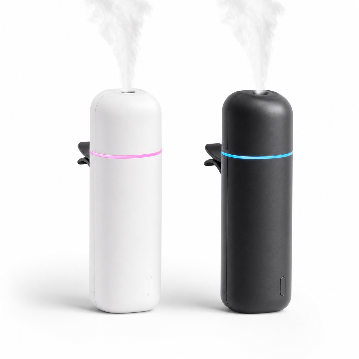 Mini car aroma diffuser in matte white and matte black with glowing LED rings and vent clips, on white background