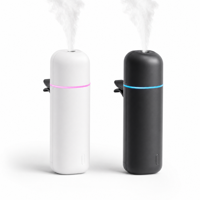 Mini car aroma diffuser in matte white and matte black with glowing LED rings and vent clips, on white background