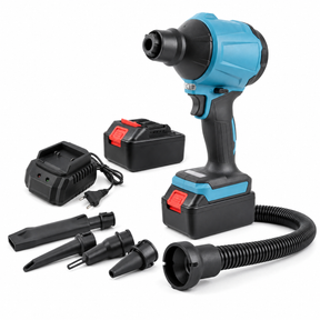 Cordless air blower dust gun kit with battery, charger, flexible hose and nozzle attachments on white background