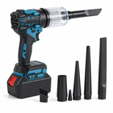 Cordless blower vacuum combo with clear dust canister, battery and nozzle attachments on white background