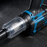 Close up of transparent cyclone dust canister and blue accent panels on cordless blower vacuum