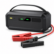Black supercapacitor car jump starter with carry handle, USB-C port and red and black battery clamps