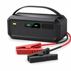 Black supercapacitor car jump starter with carry handle, USB-C port and red and black battery clamps