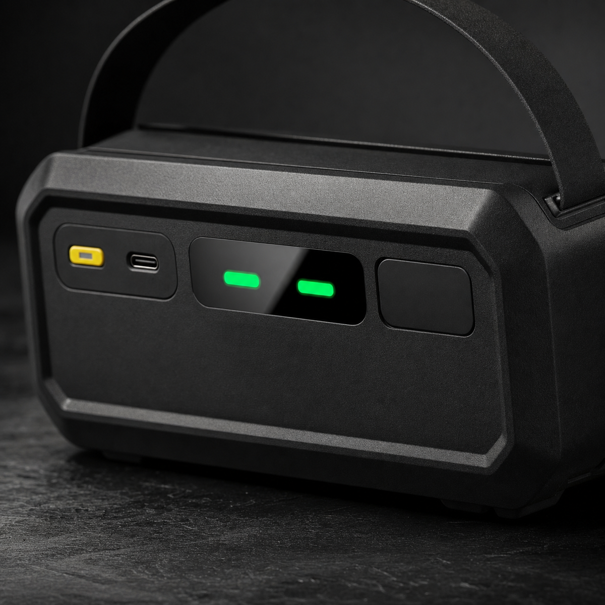 Close up of jump starter control panel showing USB-C input and green status indicator lights