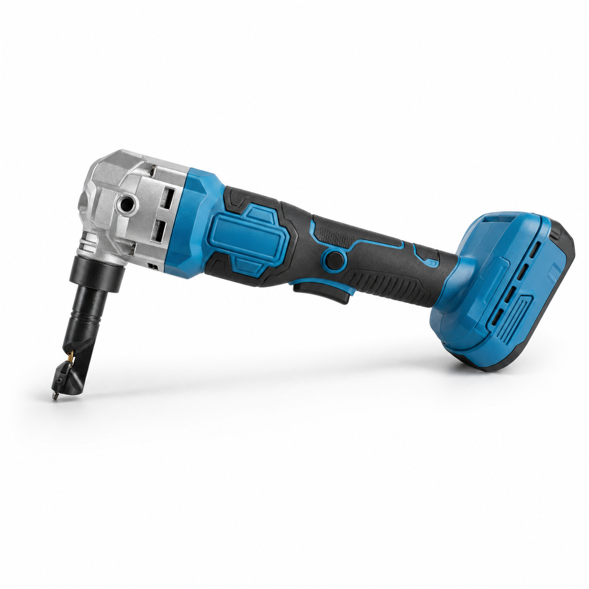 Cordless metal nibbler with blue body, metal gearbox, cutting head and lithium battery on white background