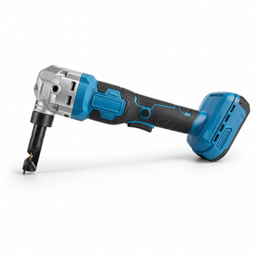 Cordless metal nibbler with blue body, metal gearbox, cutting head and lithium battery on white background