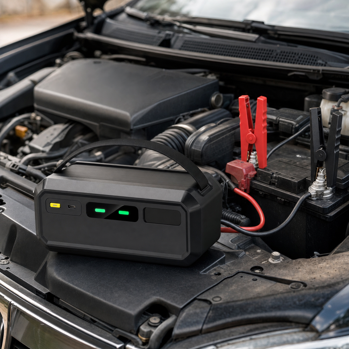 Car jump starter connected to a car battery in an open engine bay