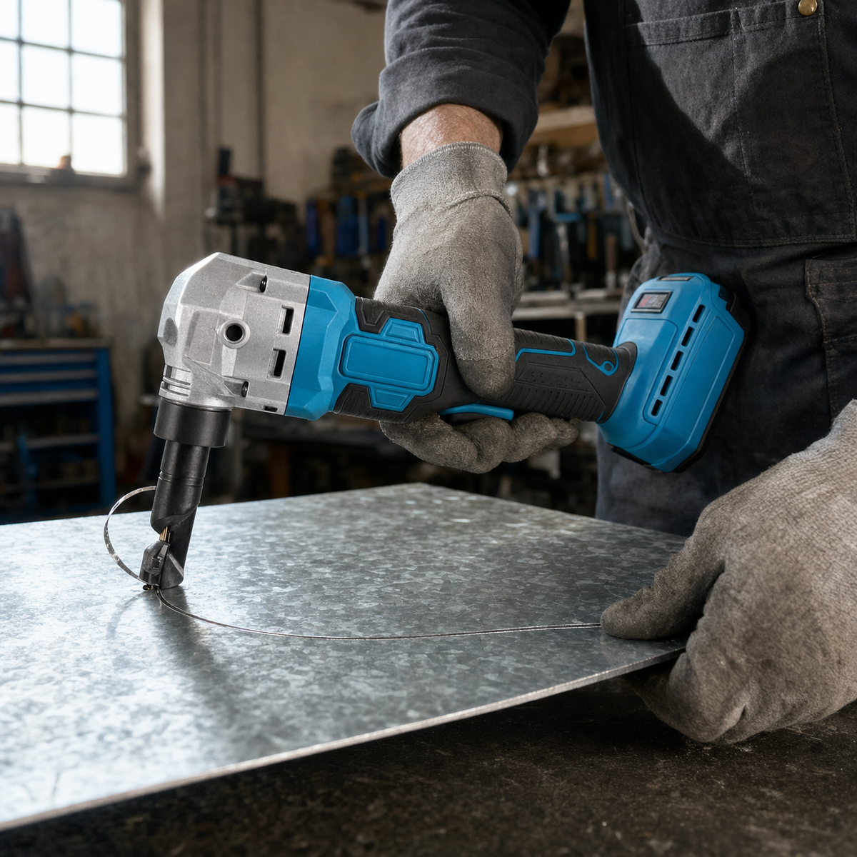 Cordless metal nibbler cutting a curved line through galvanised sheet steel on a workshop bench