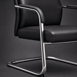Close up of conference chair padded armrest, stitched black upholstery and polished chrome cantilever frame