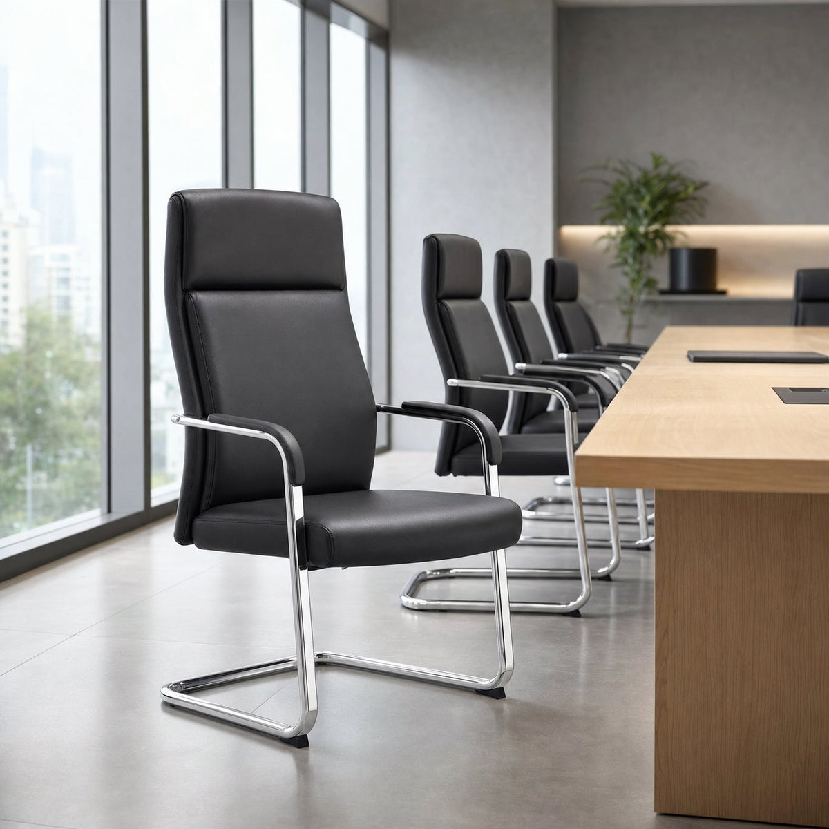 Row of high back black conference chairs with chrome sled bases around an oak meeting table