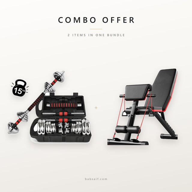 Combo offer: 15kg dumbbell set and adjustable weight bench