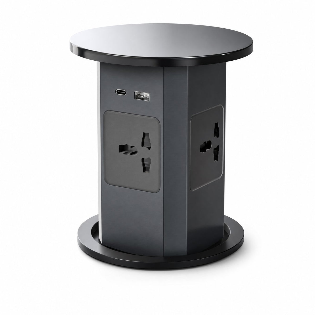 Hydraulic pop up socket with 4 universal outlets and USB A and USB C ports, black aluminium body, raised position on white background