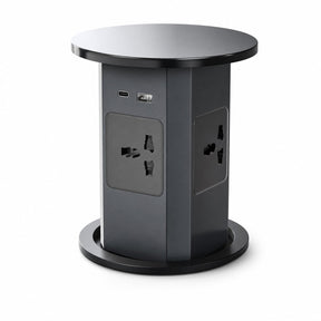 Hydraulic pop up socket with 4 universal outlets and USB A and USB C ports, black aluminium body, raised position on white background