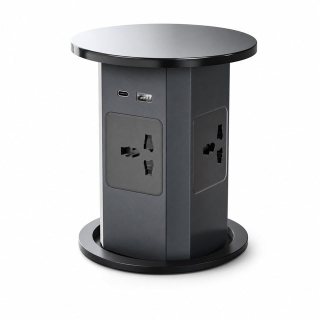 Hydraulic pop up socket with 4 universal outlets and USB A and USB C ports, black aluminium body, raised position on white background