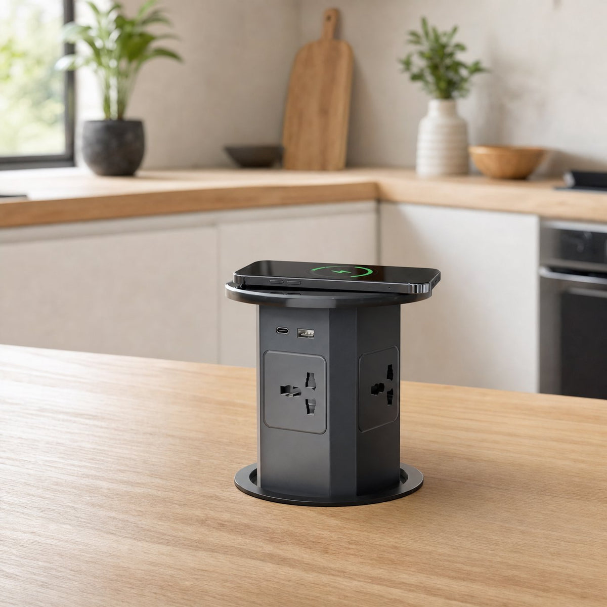 Pop up socket installed flush in a kitchen island worktop, raised with a smartphone charging on top