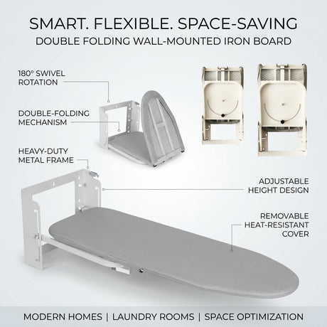 Iron Board Flexible -Wall-Mounted DOUBLE FOLDING 180° Swivel I Adjustable height - BAS Kuwait Bab Al Saif 